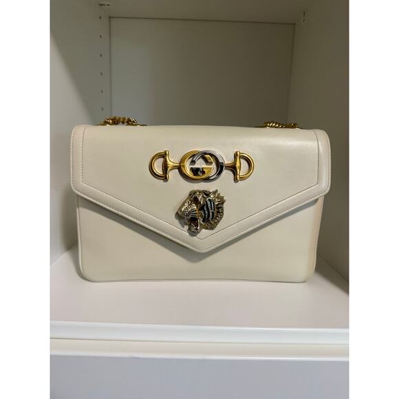 $3999 Gucci Vitello Palmellato Lux Crystal Medium Rajah Shoulder Bag White - Picture 2 of 16